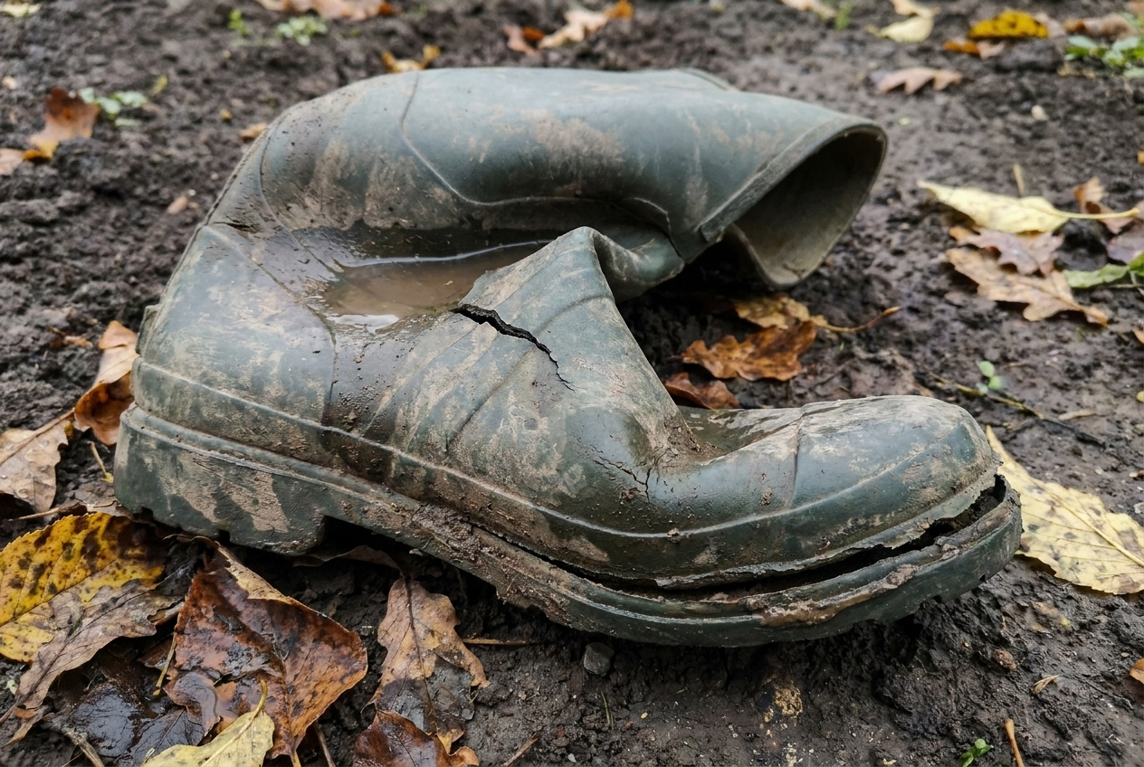 Gummistiefel in einer Pfütze zwischen nassem Herbstlaub