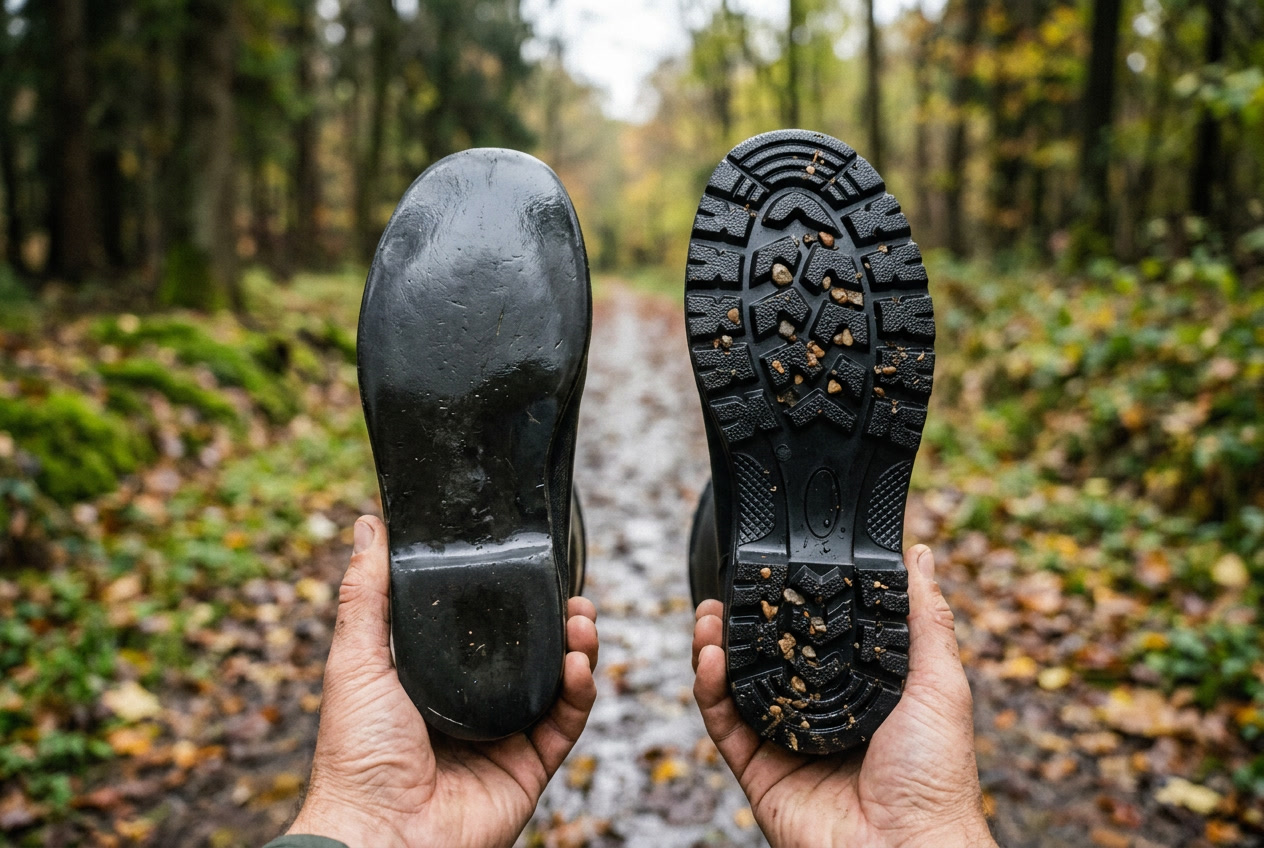 Nahaufnahme einer tief profilierten, verschleißfesten Gummisohle
